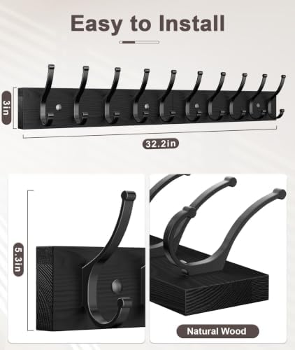 Optish 1 Pack Wooden Black Coat Rack Wall Mount, 16.1" Rustic Coat Hanger Hooks - Image 2