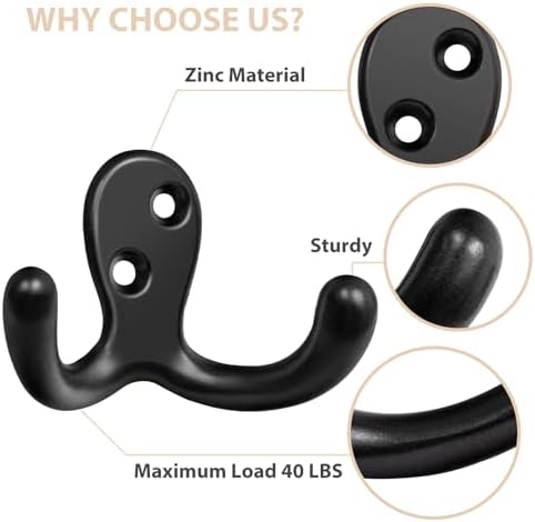 Homanu 24 Pack Black Coat Hooks Wall Mounted Double Prong - Image 4