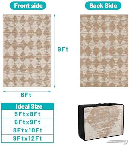 HEBE Outdoor Rug Waterproof 6'x9', Checkered Reversible Plastic Patio Rug - Image 2