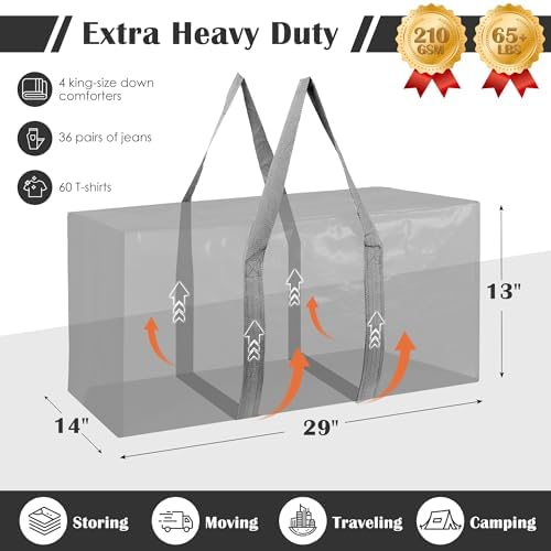 6 Pack Moving Bags with Full-Open Side Zipper, Extra Large 93L Heavy Duty - Image 2