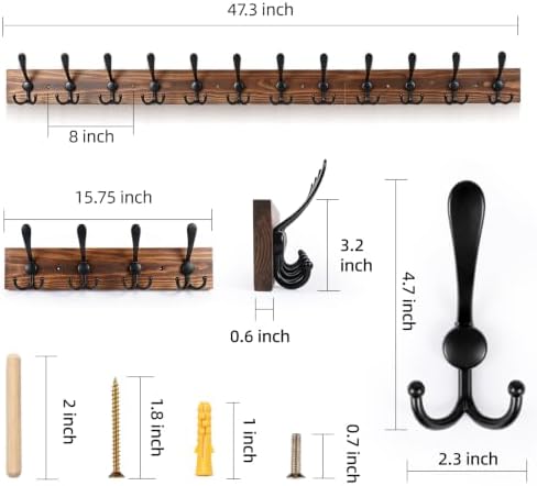 Coat Rack Wall Mount 47.3'' Solid Wood and 12 Hooks - Image 3
