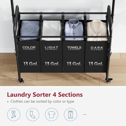 Tajsoon Laundry Sorter with Hanging Bar, 4 Section Laundry Hamper - Image 4