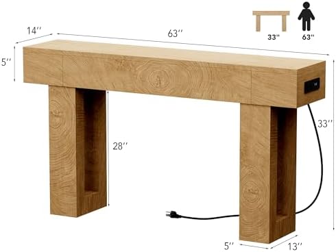 63 Inch Long Console Table w/Outlets & USB Ports, Narrow Rectangular Sofa Table - Image 3