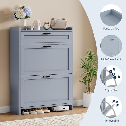 IDEALHOUSE Shoe Cabinet with 2 Flip Drawers & 1 Top Drawer, High-Gloss Painted - Image 4