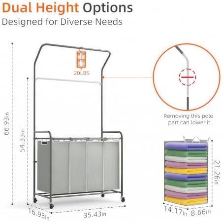 ROMOON Laundry Hamper Sorter Cart, 4 Section Organizer - Image 6