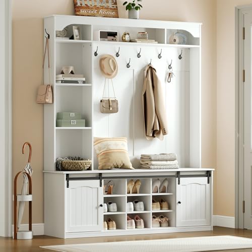 HOOBRO Hall Tree with Bench, LED Farmhouse Hall Tree with Shoe Storage - Image 4