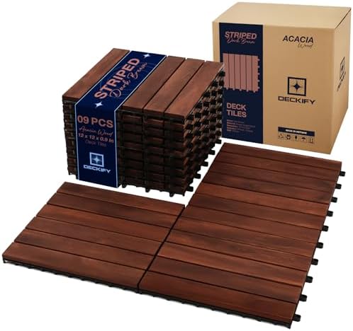 9-Piece Acacia Wood Interlocking Deck Tiles, Dark Brown Striped by DECKIFY