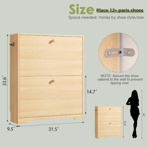 Nicetree Shoe Cabinet with 2 Flip Drawers, Entryway Storage, Natural Oak - Image 2