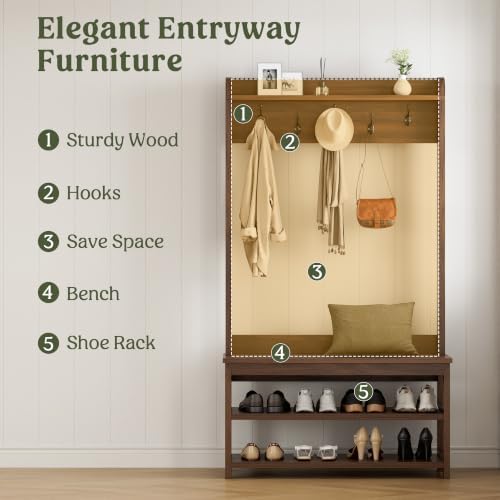 Hall Tree with Bench and Shoe Storage, 31.5” Coat Rack Entryway Organizer - Image 3