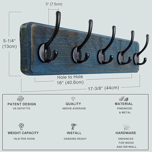 Dseap Coat Rack Wall: Patented, Heavy-Duty, 5-Double-Hooks Wooden Wall Mounted - Image 5
