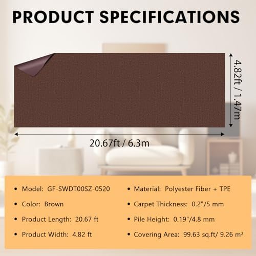 Grefinity Marine Carpet, 5 FT x 20 FT Brown Indoor Outdoor Carpet - Image 2