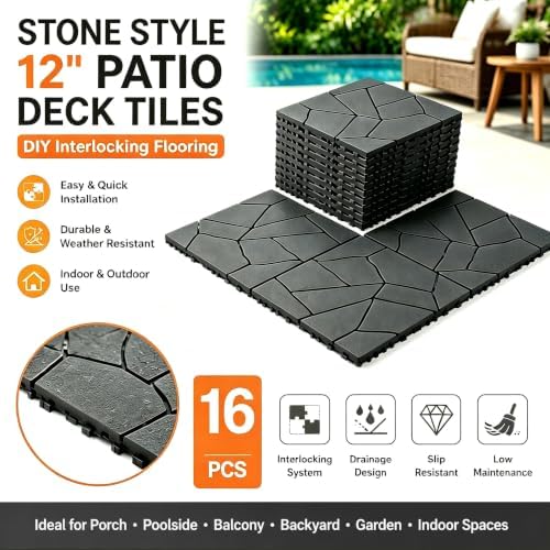 Interlocking Decking 16 Pack Plastic 12"x12" Deck Tiles Outdoor Dark Gray E - Image 2