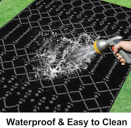 Smiry Outdoor Rug 5x8 ft Waterproof Reversible Boho Mat, Dark Grey - Image 2