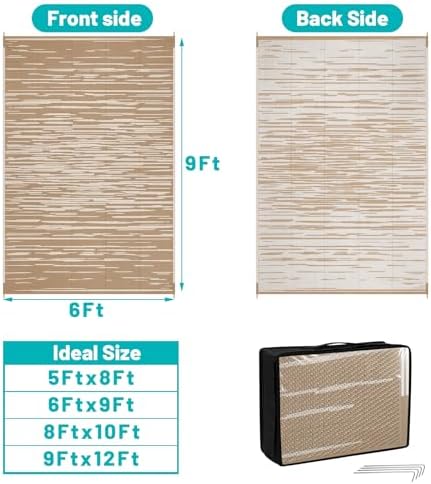 HEBE Outdoor Rug Waterproof 6'x9', Striped Reversible Plastic Patio Rug - Image 2