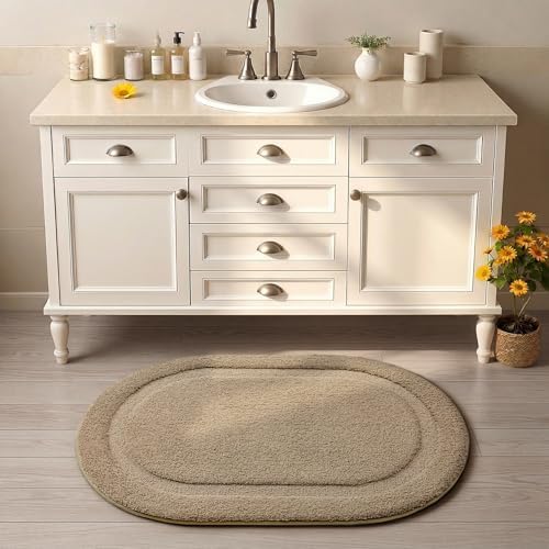 Color&Geometry Oval Beige Bathroom Rugs 36x24, Extra Soft Absorbent Microfiber - Image 3