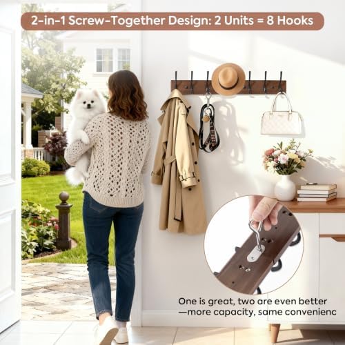 Yangbaga Coat Rack Wall Mount, Acacia Wood Coat Hooks Wall Mount - Image 5