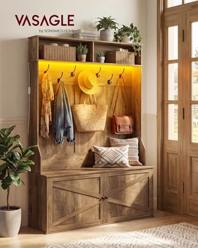 VASAGLE 5-in-1 Hall Tree with Bench and Shoe Storage, Adjustable LED Light - Image 2