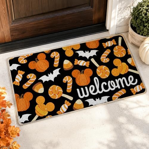 Pycat Welcome Halloween Pumpkin Candy Cane Decorative Front Door Mat by Pycat