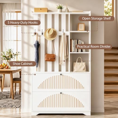 Narrow Hall Tree with Storage, Modern Entryway Coat Rack with Shoe Cabinet - Image 6