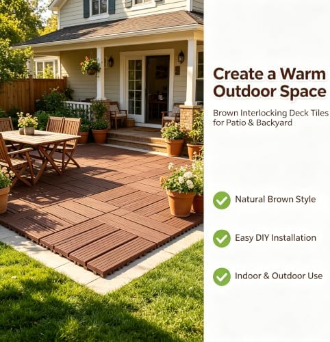 44 Pack Brown 12x12 PP Plastic Interlocking Deck Tiles, Waterproof Indoor - Image 2