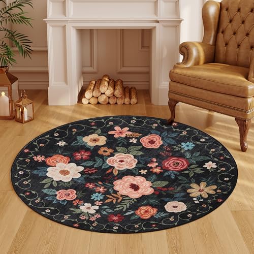 DUKINO 4ft Round Rug, Floral Washable Small Round Area Rug Non Slip - Image 5