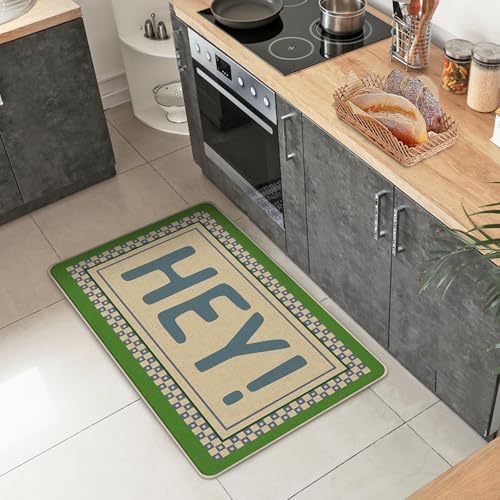 Hey Welcome Front Door Mat, Vintage Green Checkered Border - Image 2