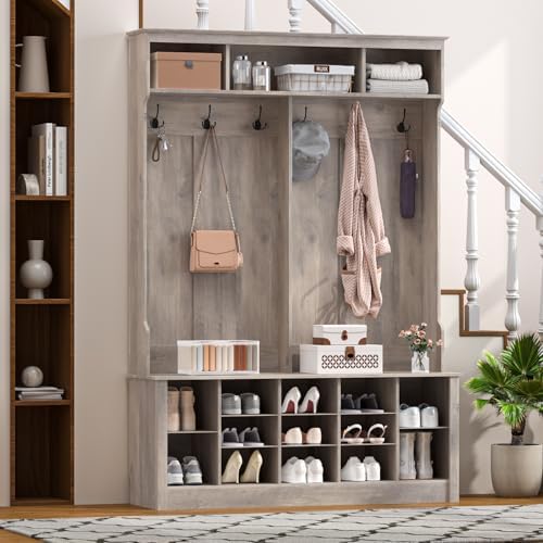 Wodeer Hall Tree with Bench and Shoe Storage, 6 Hooks, 12 Shoe Cubbies - Image 2