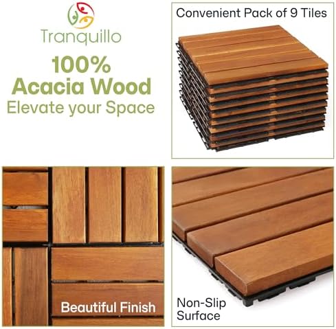 Tranquillo Interlocking Deck Tiles 12”x12”, Acacia Wood Patio Tiles, Waterproof - Image 6