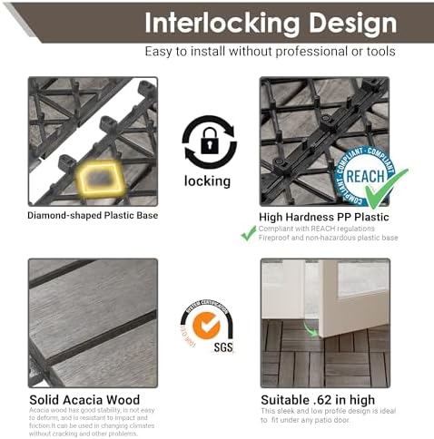 PrimeZone 108 PCS Solid Acacia Wood Interlocking Patio Deck Tiles Outdoor - Image 4
