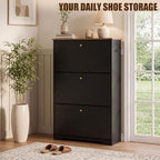 Nicetree 3 Flip‑Drawer Shoe Cabinet, Walnut Top, 9.5" Deep, Light Black - Image 3