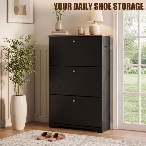 Nicetree 3 Flip‑Drawer Shoe Cabinet, Walnut Top, 9.5" Deep, Light Black - Image 3