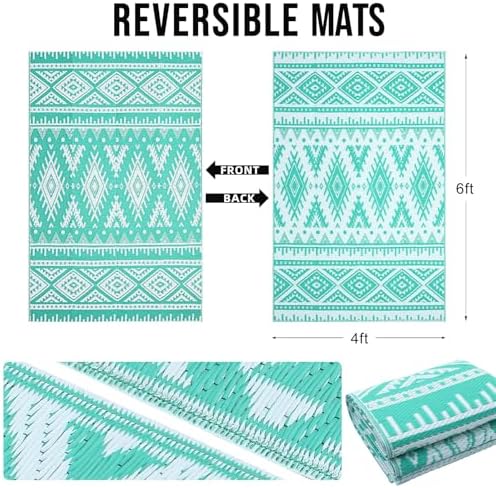 OLANLY Outdoor Rug 4x6 ft Waterproof Reversible Boho Mat, Turquoise & White - Image 2