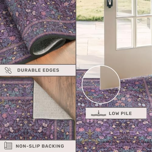 Machine Washable Dark Plum Purple Area Rug 8x10 Vintage Botanical Pattern - Image 5