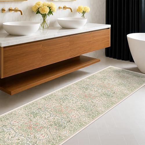 Beige Green Washable 2x8 Rug Runner Non Slip by HazoHaus