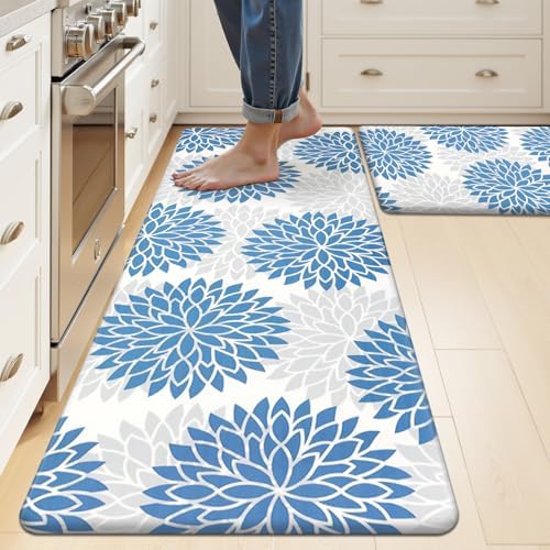 HEBE Kitchen Mats for Floor, Floral Anti Fatigue Kitchen Rugs Set of 2 by HEBE