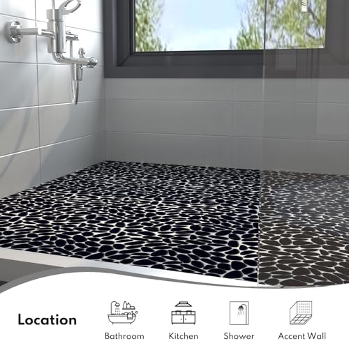 Black Pebble Tile Shower Floor, Pebble Mosaic Backsplash - Image 6