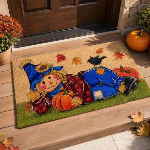Fall Scarecrow Decorative Front Door Mat, Autumn Pumpkin Crow by Tailus