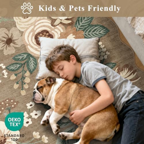 DUKINO 2x14 Hallway Runner Rug, Floral Washable Kitchen Rug, Light Taupe - Image 4