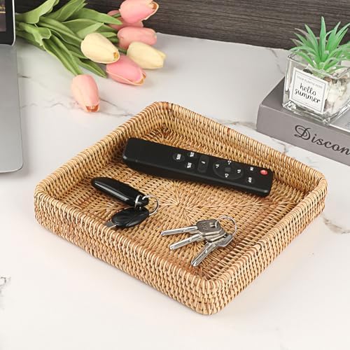 Hipiwe Key Basket Bowl for Entryway Table Rattan Serving Tray, 8.1" x 8.1" - Image 4