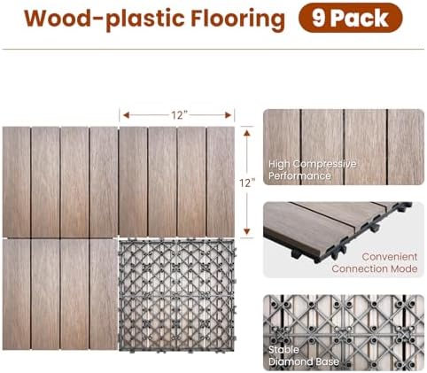9PCS Rosewood 12"x12" WPC Composite Deck Tiles, Snap Together Interlocking - Image 2