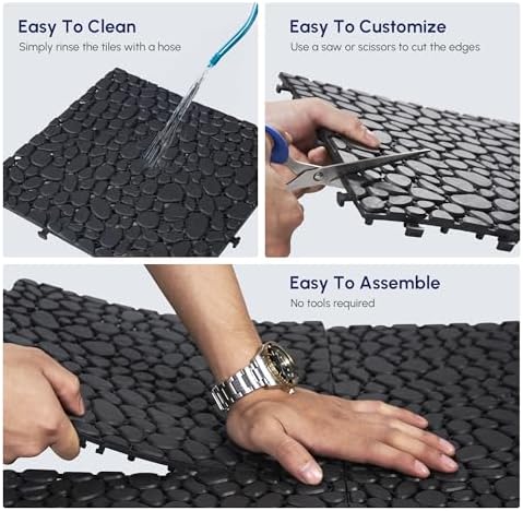 12 Pcs Deck Tiles, Pebble Pattern Plastic Interlocking Deck Tiles, Outdoor - Image 3