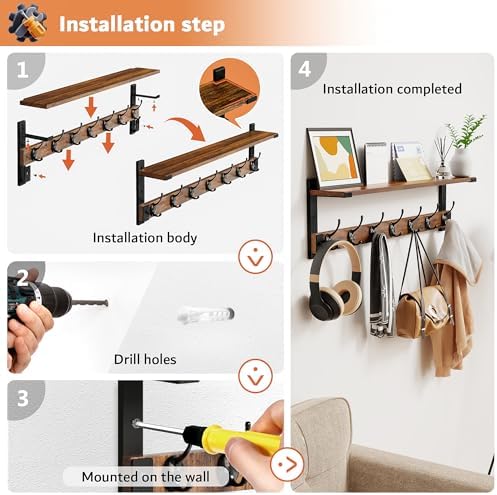 Oraich Wall Hooks with Shelf, 28.7 Inch Coat Rack Wall Mount with Hook - Image 3