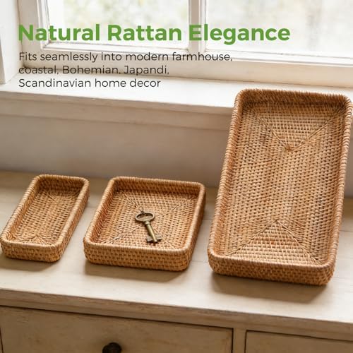 Rattan Serving Tray, Rectangle Wicker Storage Basket Set of 3 - Image 5