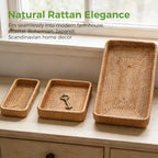 Rattan Serving Tray, Rectangle Wicker Storage Basket Set of 3 - Image 5
