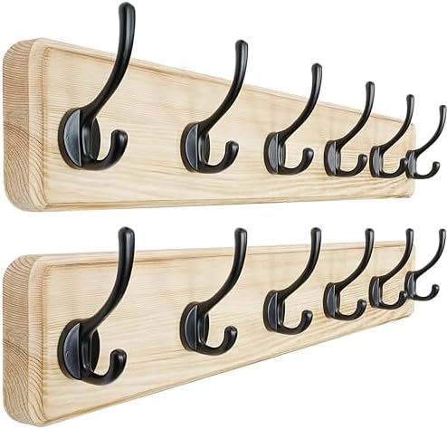 Dseap Coat Rack Wall: 24" Long, Heavy-Duty, 6-Double-Hooks Wooden Wall Mounted by Dseap