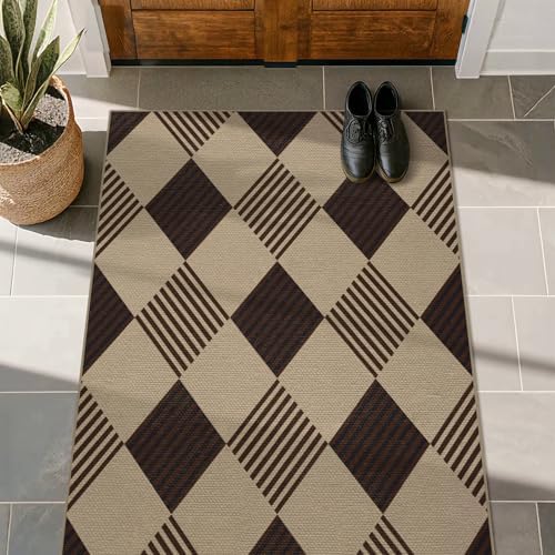 Easy Jute 3x4 Entryway Rug, Washable Non Slip Farmhouse Diamond Checkered - Image 3