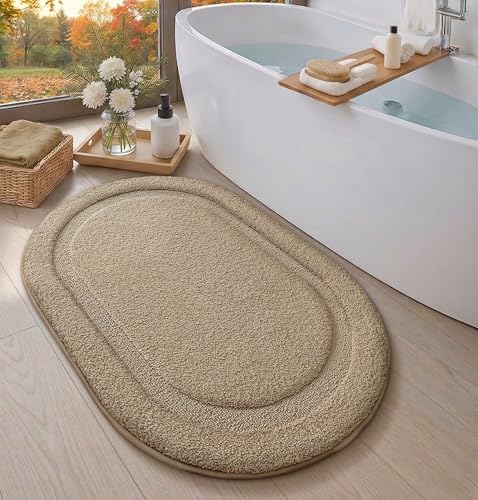 Color&Geometry Oval Beige Bathroom Rugs 32x20, Extra Soft Absorbent Microfiber - Image 4