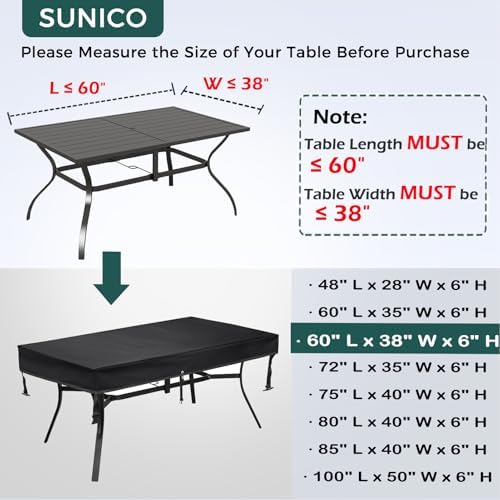SUNICO Outdoor Table Covers Waterproof Rectangle 60x38x6in - Image 2
