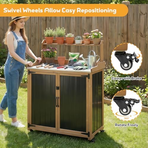 PetsCosset Potting Bench with Storage, Mobile Outdoor Cabinet with Wheels - Image 3