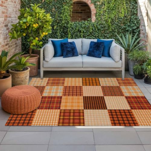 Outdoor Rug, Fall Orange Plaid Gingham Check Indoor Area Rug Outdoor Carpet RV - Image 7